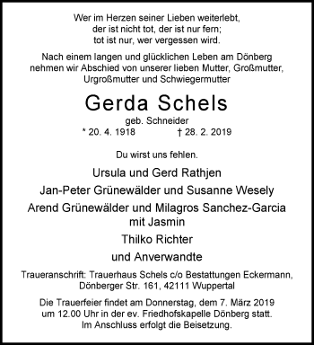 Traueranzeige von Gerda Schels von trauer.wuppertaler-rundschau.de