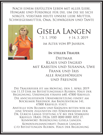 Traueranzeige von Gisela Langen von trauer.mein.krefeld.de