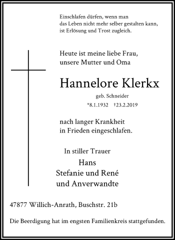 Traueranzeige von Hannelore Klerkx von trauer.extra-tipp-moenchengladbach.de