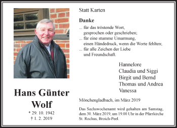 Traueranzeige von Hans Günter Wolf von trauer.extra-tipp-moenchengladbach.de