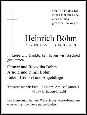 Traueranzeige von Heinrich Böhm von trauer.extra-tipp-moenchengladbach.de