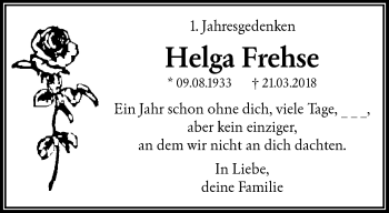 Traueranzeige von Helga Frehse von trauer.wuppertaler-rundschau.de