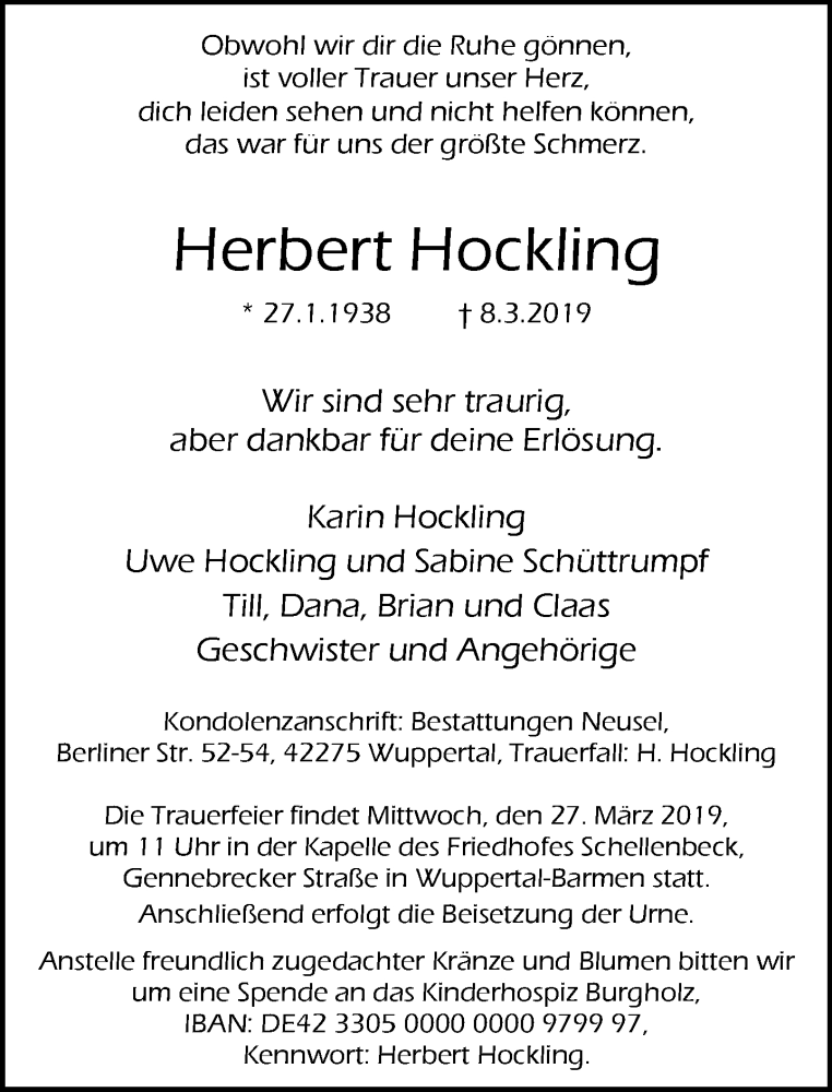  Traueranzeige für Herbert Hockling vom 23.03.2019 aus trauer.wuppertaler-rundschau.de