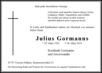 Traueranzeige von Julius Gormanns von trauer.extra-tipp-moenchengladbach.de