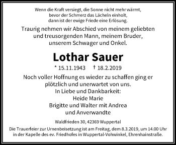 Traueranzeige von Lothar Sauer von trauer.wuppertaler-rundschau.de