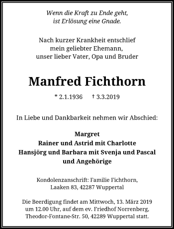 Traueranzeige von Manfred Fichthorn von trauer.wuppertaler-rundschau.de