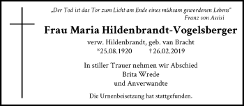 Traueranzeige von Maria Hildenbrandt-Vogelsberger von trauer.mein.krefeld.de