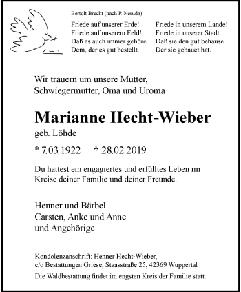 Traueranzeige von Marianne Hecht-Wieber von trauer.wuppertaler-rundschau.de