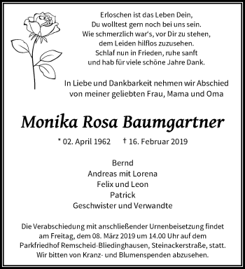 Traueranzeige von Monika Rosa Baumgartner von trauer.wuppertaler-rundschau.de