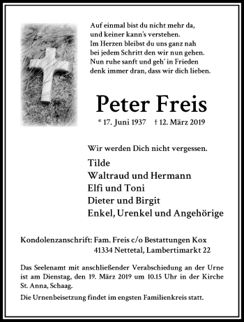 Traueranzeige von Peter Freis von trauer.extra-tipp-moenchengladbach.de