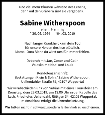 Traueranzeige von Sabine Witherspoon von trauer.wuppertaler-rundschau.de