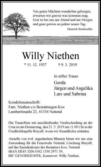 Traueranzeige von Willy Niethen von trauer.extra-tipp-moenchengladbach.de