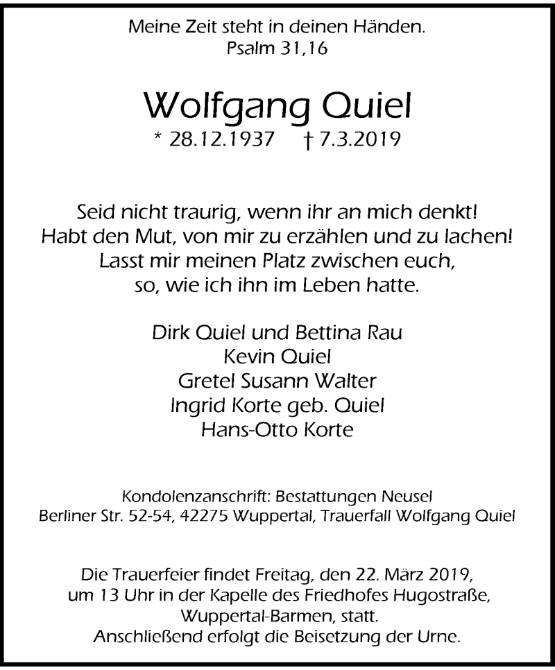  Traueranzeige für Wolfgang Quiel vom 16.03.2019 aus trauer.wuppertaler-rundschau.de