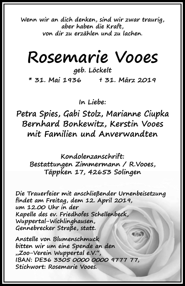  Traueranzeige für Rosemarie Vooes vom 06.04.2019 aus trauer.wuppertaler-rundschau.de