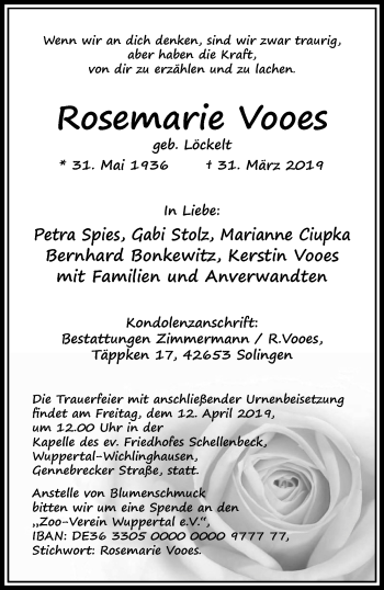 Traueranzeige von Rosemarie Vooes von trauer.wuppertaler-rundschau.de