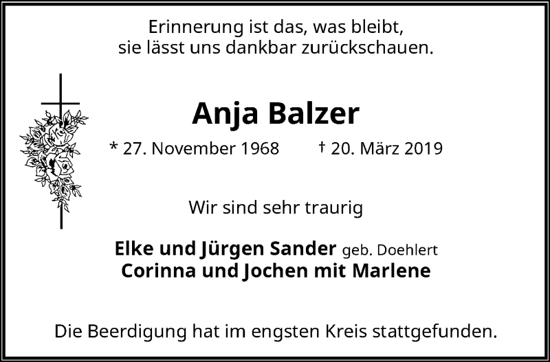  Traueranzeige für Anja Balzer vom 20.04.2019 aus trauer.wuppertaler-rundschau.de