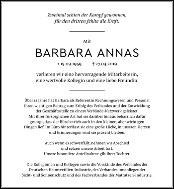 Traueranzeige von Barbara Annas von trauer.wuppertaler-rundschau.de