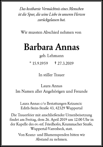 Traueranzeige von Barbara Annas von trauer.wuppertaler-rundschau.de