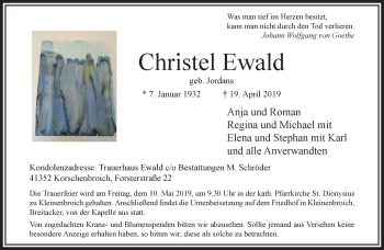 Traueranzeige von Christel Ewald von trauer.extra-tipp-moenchengladbach.de