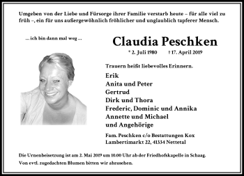 Traueranzeige von Claudia Peschken von trauer.extra-tipp-moenchengladbach.de