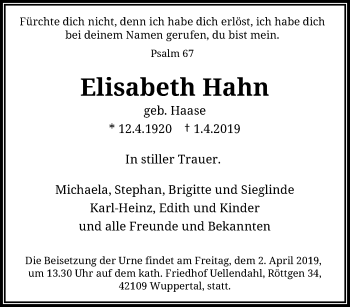 Traueranzeige von Elisabeth Hahn von trauer.wuppertaler-rundschau.de