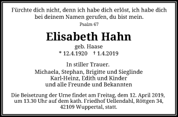 Traueranzeige von Elisabeth Hahn von trauer.wuppertaler-rundschau.de