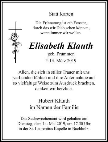 Traueranzeige von Elisabeth Klauth von trauer.extra-tipp-moenchengladbach.de