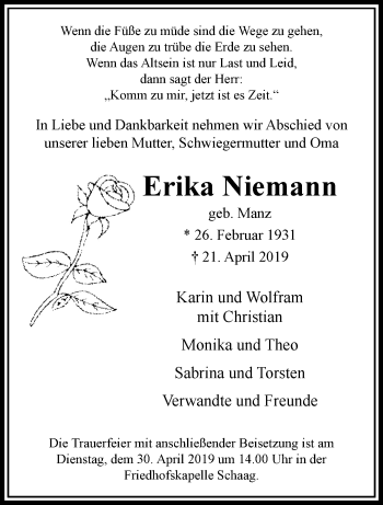 Traueranzeige von Erika Niemann von trauer.extra-tipp-moenchengladbach.de