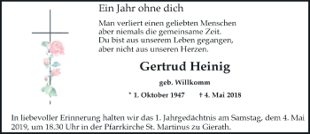 Traueranzeige von Gertrud Heinig von trauer.stadt-kurier.de