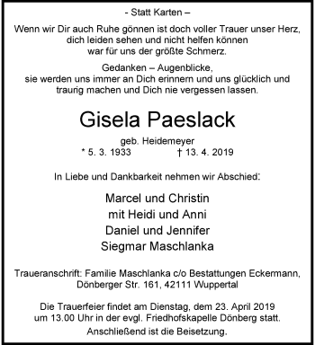 Traueranzeige von Gisela Paeslack von trauer.wuppertaler-rundschau.de