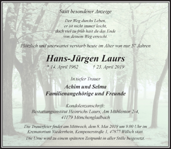 Traueranzeige von Hans-Jürgen Laurs von trauer.extra-tipp-moenchengladbach.de