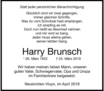 Traueranzeige von Harry Brunsch von trauer.stadt-panorame.de