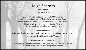 Traueranzeige von Helga Schmitz von trauer.extra-tipp-moenchengladbach.de