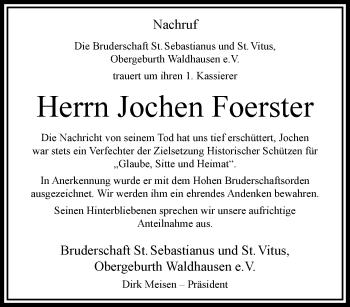 Traueranzeige von Jochen Foerster von trauer.extra-tipp-moenchengladbach.de