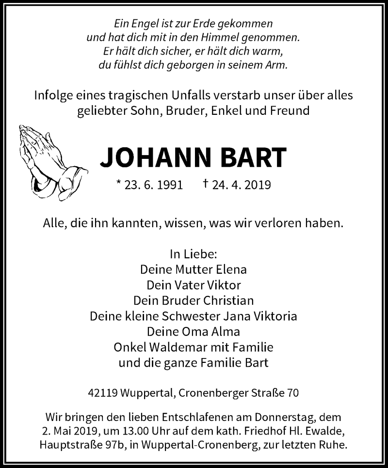  Traueranzeige für Johann Bart vom 27.04.2019 aus trauer.wuppertaler-rundschau.de