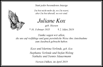 Traueranzeige von Juliane Kox von trauer.extra-tipp-moenchengladbach.de