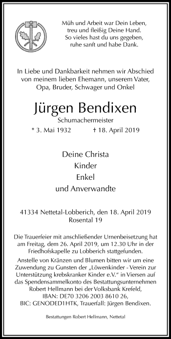 Traueranzeige von Jürgen Bendixen von trauer.extra-tipp-moenchengladbach.de