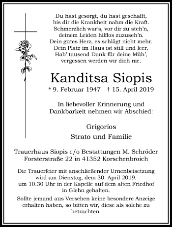 Traueranzeige von Kanditsa Siopis von trauer.extra-tipp-moenchengladbach.de