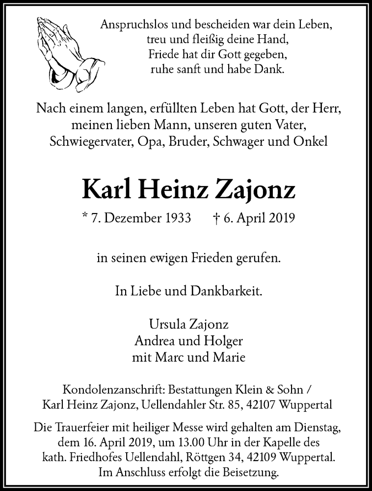  Traueranzeige für Karl Heinz Zajonz vom 13.04.2019 aus trauer.wuppertaler-rundschau.de
