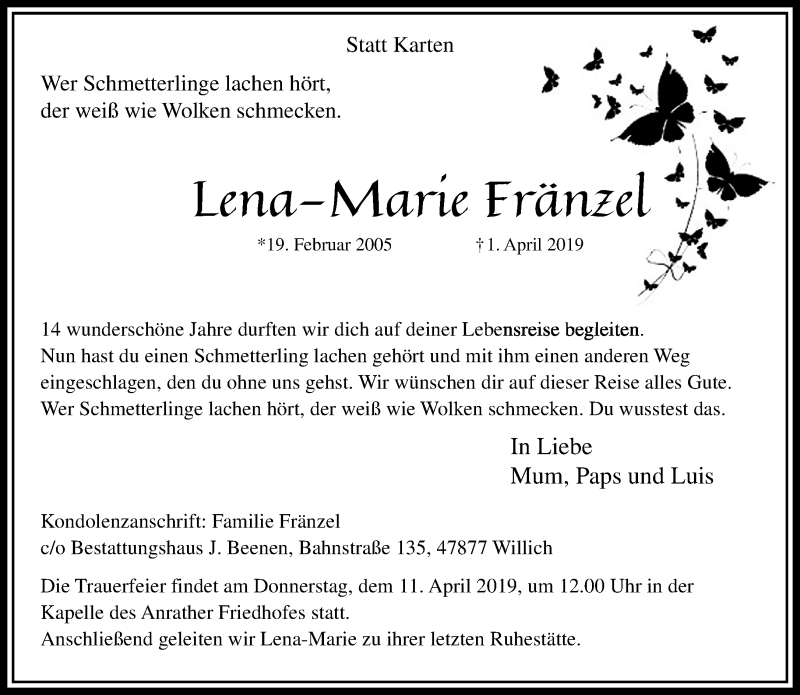  Traueranzeige für Lena-Marie Fränzel vom 07.04.2019 aus trauer.extra-tipp-moenchengladbach.de