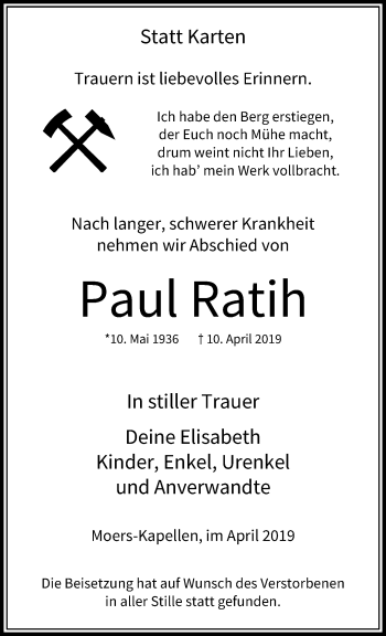 Traueranzeige von Paul Ratih von trauer.stadt-panorame.de