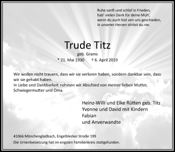 Traueranzeige von Trude Titz von trauer.extra-tipp-moenchengladbach.de