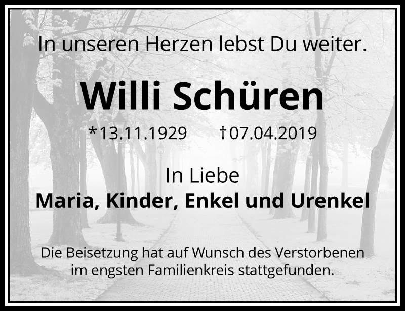  Traueranzeige für Willi Schüren vom 21.04.2019 aus trauer.mein.krefeld.de