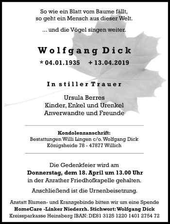 Traueranzeige von Wolfgang Dick von trauer.extra-tipp-moenchengladbach.de