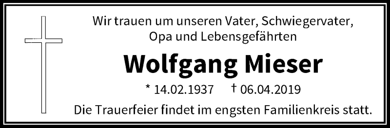  Traueranzeige für Wolfgang Mieser vom 13.04.2019 aus trauer.wuppertaler-rundschau.de