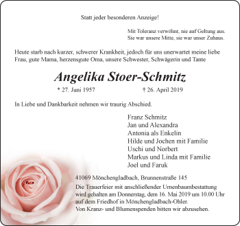 Traueranzeige von Angelika Stoer-Schmitz von trauer.extra-tipp-moenchengladbach.de
