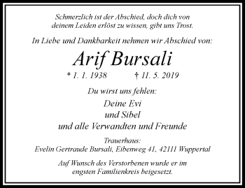 Traueranzeige von Arif Bursali von trauer.wuppertaler-rundschau.de