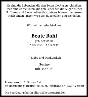 Traueranzeige von Beate Bahl von trauer.wuppertaler-rundschau.de