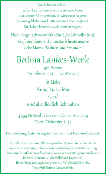 Traueranzeige von Bettina Lankes-Werle von trauer.extra-tipp-moenchengladbach.de