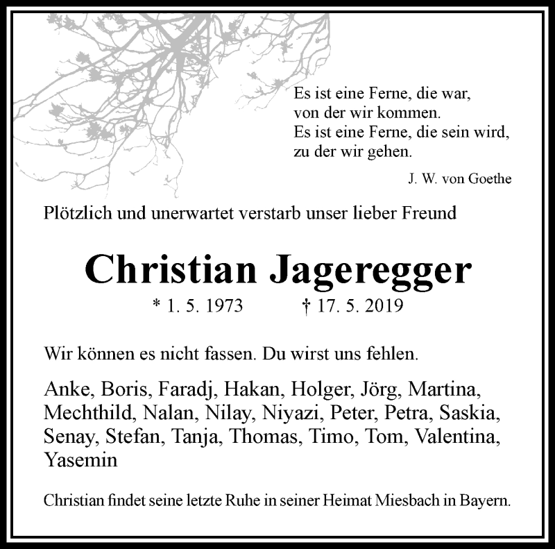  Traueranzeige für Christian Jageregger vom 25.05.2019 aus trauer.wuppertaler-rundschau.de